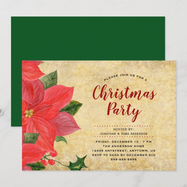 Invitation Elégante aquarelle Poinsettia fête de Noël (Devant / Derrière)