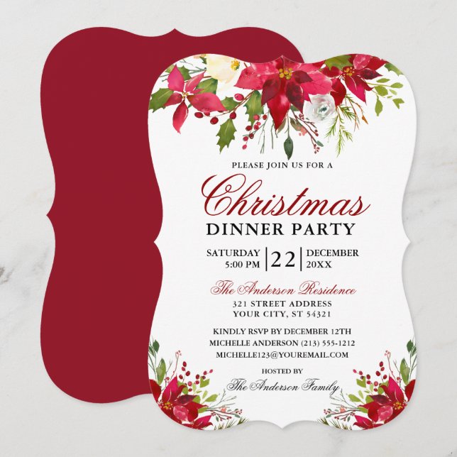 Invitation Elégante aquarelle Poinsettia fête de Noël (Devant / Derrière)