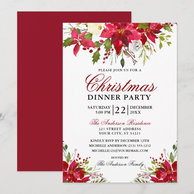 Invitation Elégante aquarelle Poinsettia fête de Noël Rouge (Devant / Derrière)