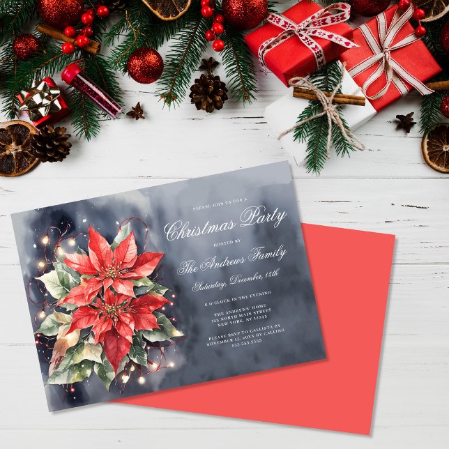 Invitation Elégante aquarelle Poinsettia lumières Noël (Créateur téléchargé)