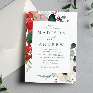 Invitation Elégante aquarelle Poinsettias Mariage d'hiver