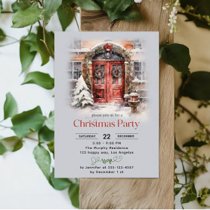Invitation Elégante aquarelle Porte rouge Noël
