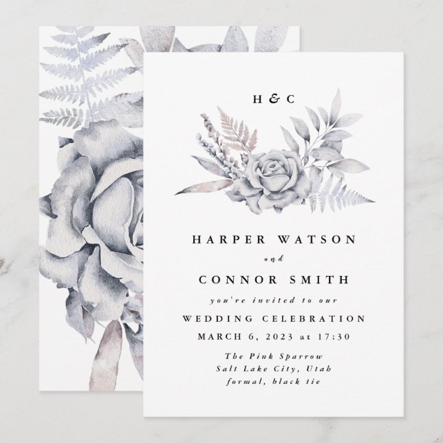 Invitation Elégante aquarelle romantique Mariage floral bouch (Devant / Derrière)