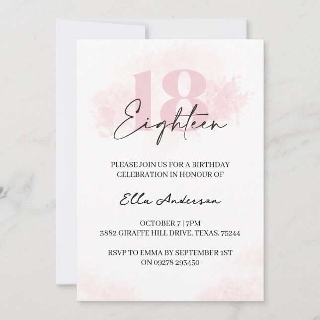 Invitation Elégante Aquarelle rose 18ème anniversaire (Devant)