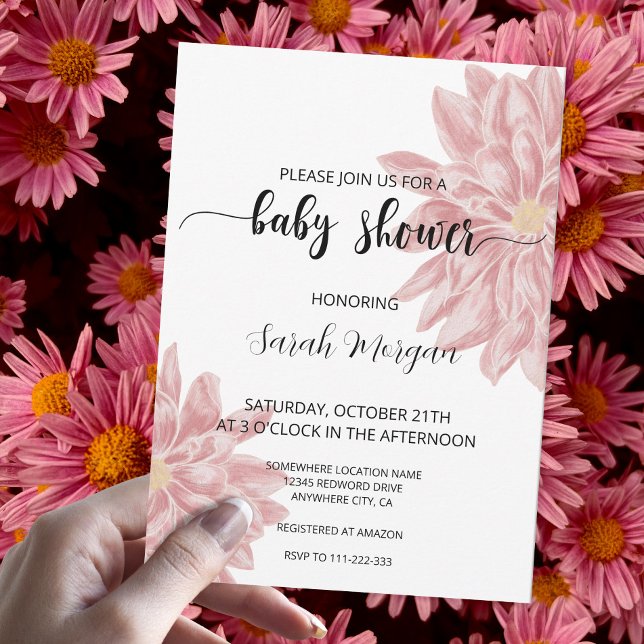 Invitation Elégante aquarelle rose Baby shower Chrysanthème (Créateur téléchargé)