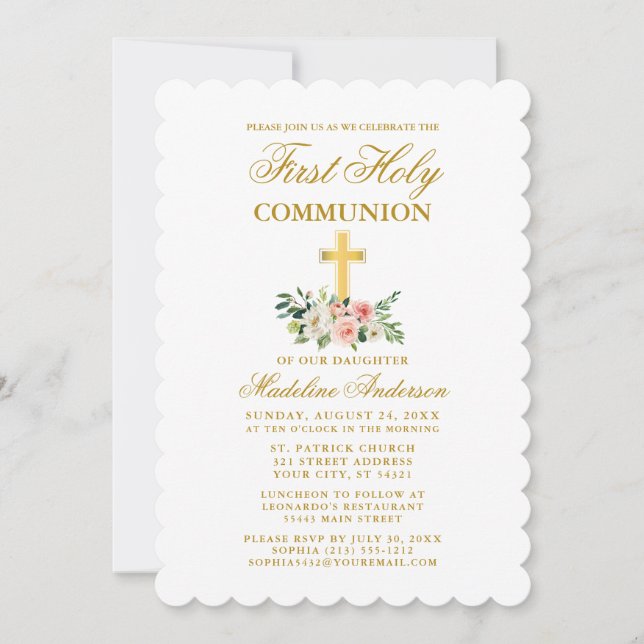 Invitation Elégante aquarelle rose blanc floral Communion (Devant)