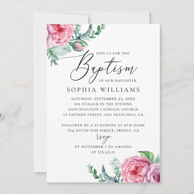 Invitation Elégante aquarelle rose boho jardin fleuri baptême (Devant)
