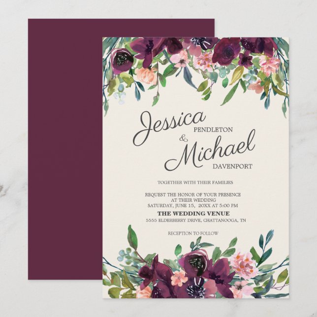 Invitation Elégante aquarelle rose bordeaux Floral (Devant / Derrière)
