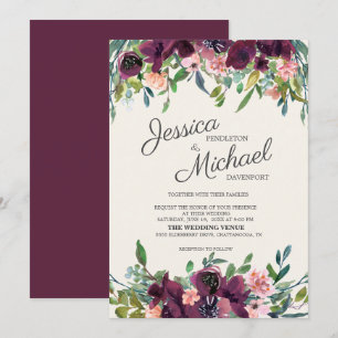 Invitation Elégante aquarelle rose bordeaux Floral