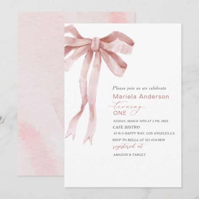 Invitation Elégante aquarelle rose Bow Girl Baby shower Invi (Devant / Derrière)