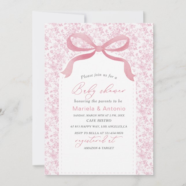 Invitation Elégante aquarelle rose Bow Girl Baby shower Invi (Devant)