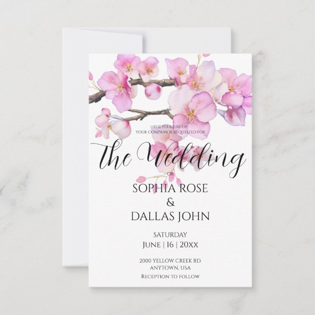 Invitation Elégante aquarelle rose cerisier fleurs Mariage (Devant)