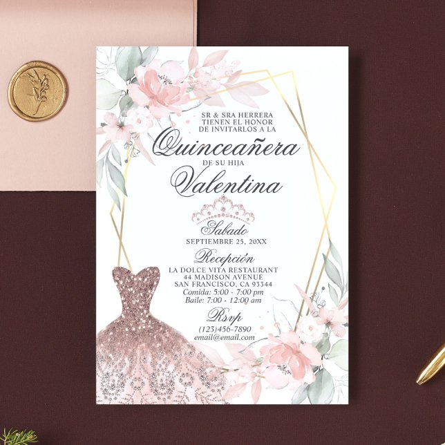Invitation Elégante aquarelle rose espagnol Quinceañera Quinc (Créateur téléchargé)