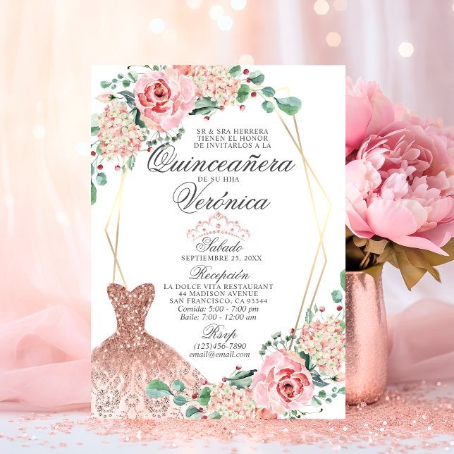 Invitation Elégante aquarelle rose espagnol Quinceañera Quinc (Elegant Watercolor Pink Spanish Quinceañera Quince Invitation)