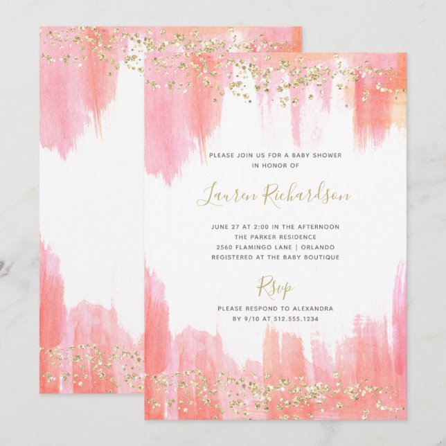 Invitation Elégante Aquarelle rose et or | Baby shower (Devant / Derrière)