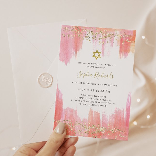 Invitation Elégante Aquarelle rose et or | BAT MITZVAH (Créateur téléchargé)