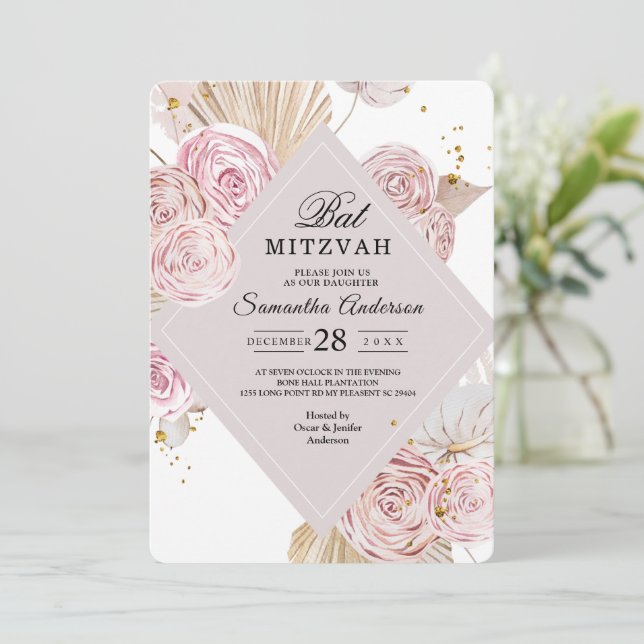 Invitation Elégante aquarelle rose et violet cadre floral (Debout devant)