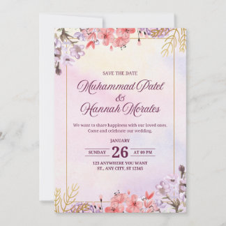Invitation Elégante aquarelle rose et violet Mariage Invit