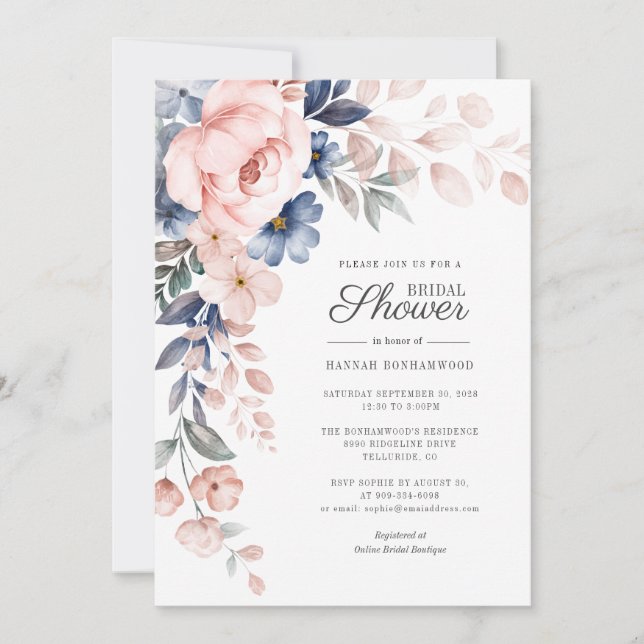 Invitation Elégante aquarelle rose Fête des mariées florale (Devant)