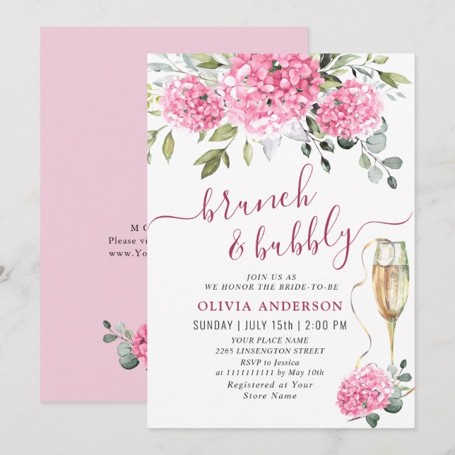 Invitation Elégante aquarelle rose FÊTE DES MARIÉES Hydrangea (Devant / Derrière)