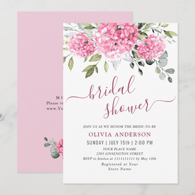 Invitation Elégante aquarelle rose FÊTE DES MARIÉES Hydrangea (Devant / Derrière)