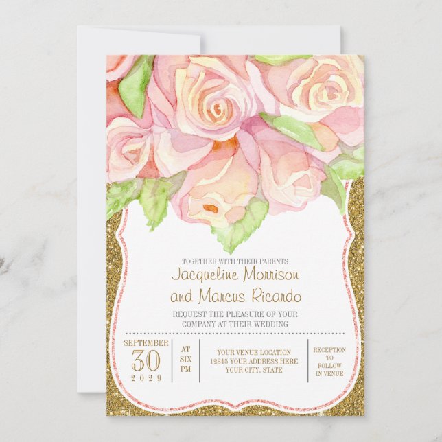 Invitation Elégante aquarelle Rose Floral Bouquet Or rose (Devant)