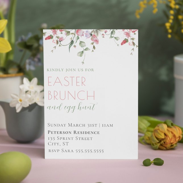 Invitation Elégante aquarelle rose Floral Brunch de Pâques (Elegant Pink Watercolor Floral Easter Brunch Invitation)