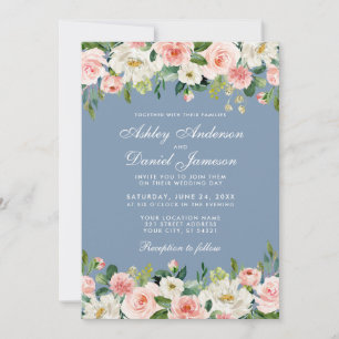 Invitation Elégante aquarelle rose Floral Dusty Mariage bleu
