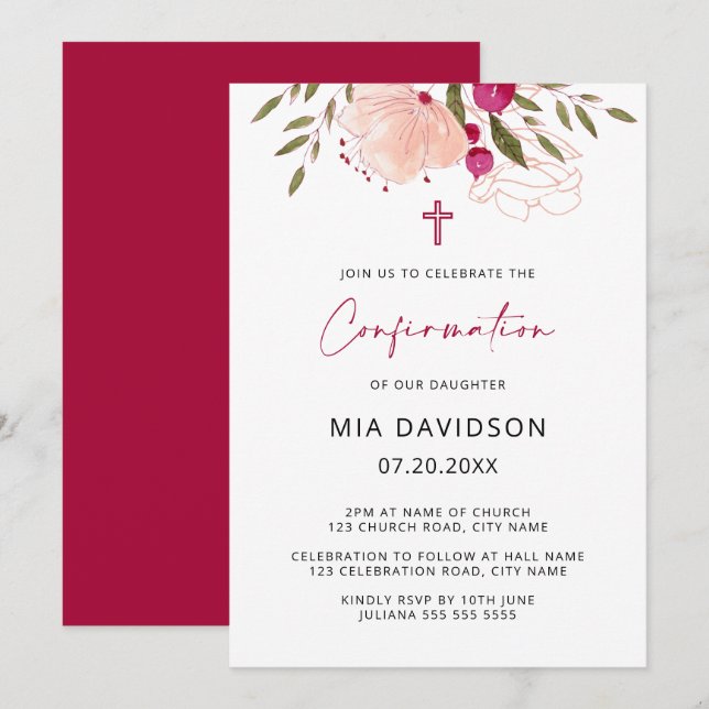 Invitation Elégante Aquarelle rose Floral Fille Confirmation (Devant / Derrière)