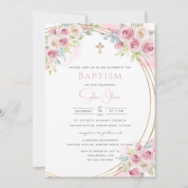Invitation Elégante Aquarelle rose Floral Girl Baptism Invita (Devant)