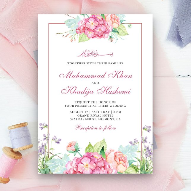 Invitation Elégante aquarelle rose Floral Mariage musulman (Créateur téléchargé)
