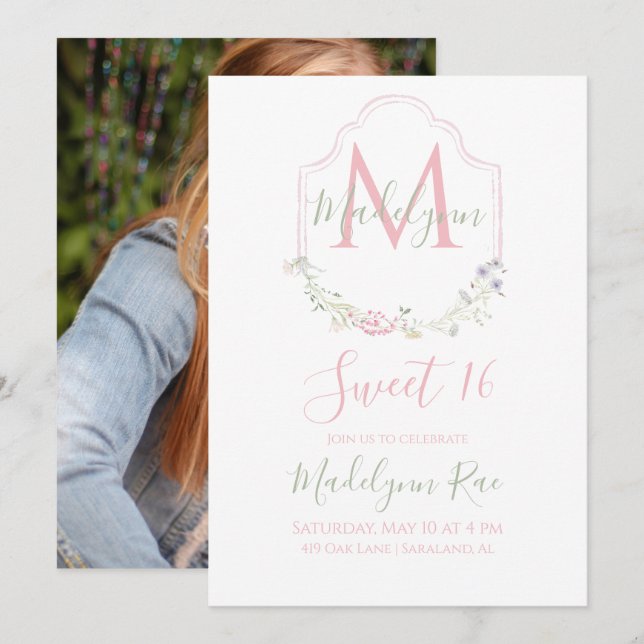 Invitation Elégante Aquarelle rose Floral Monogramme doux 16 (Devant / Derrière)