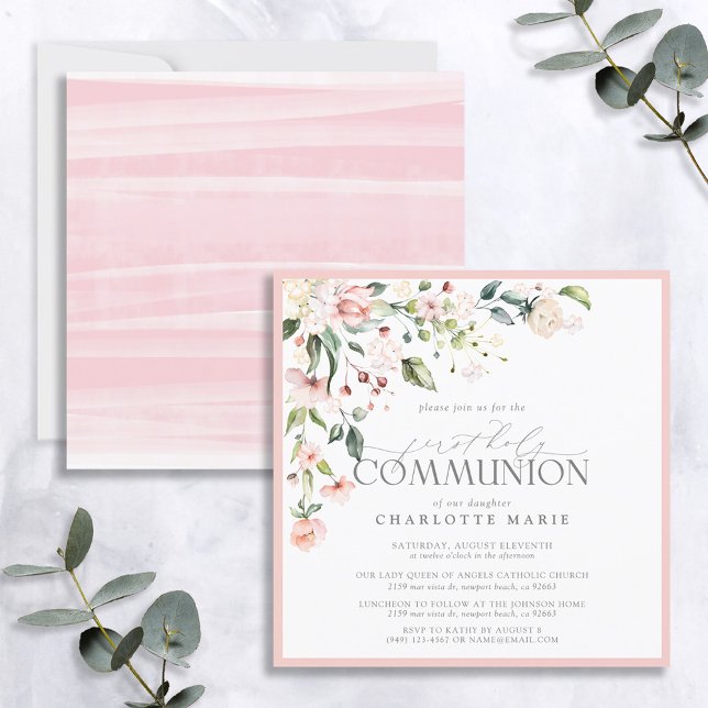 Invitation Elégante Aquarelle rose Floral Première Communion (Créateur téléchargé)