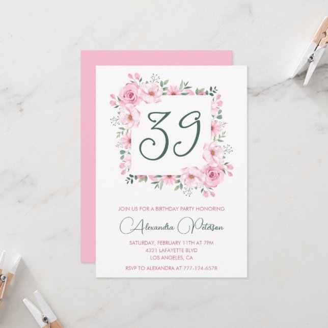 Invitation Elégante aquarelle rose florale 39e anniversaire (Devant/Arrière en situation)