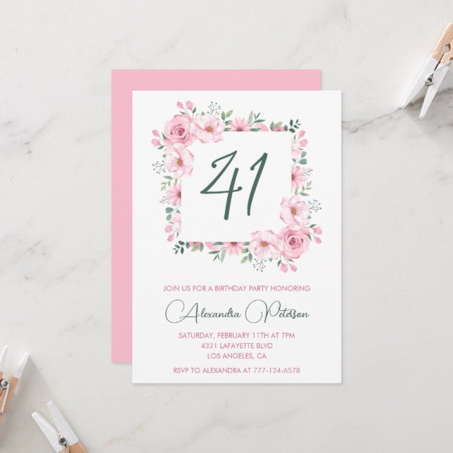 Invitation Elégante aquarelle rose florale 41e anniversaire (Devant/Arrière en situation)