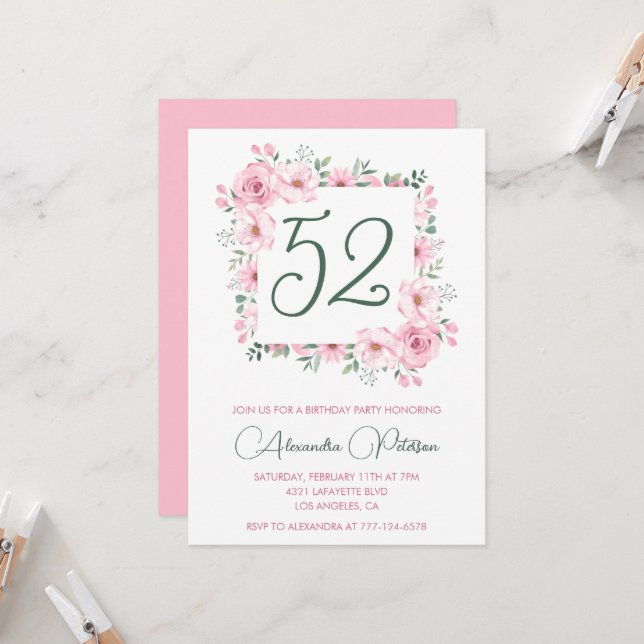 Invitation Elégante aquarelle rose florale 52e anniversaire (Devant/Arrière en situation)