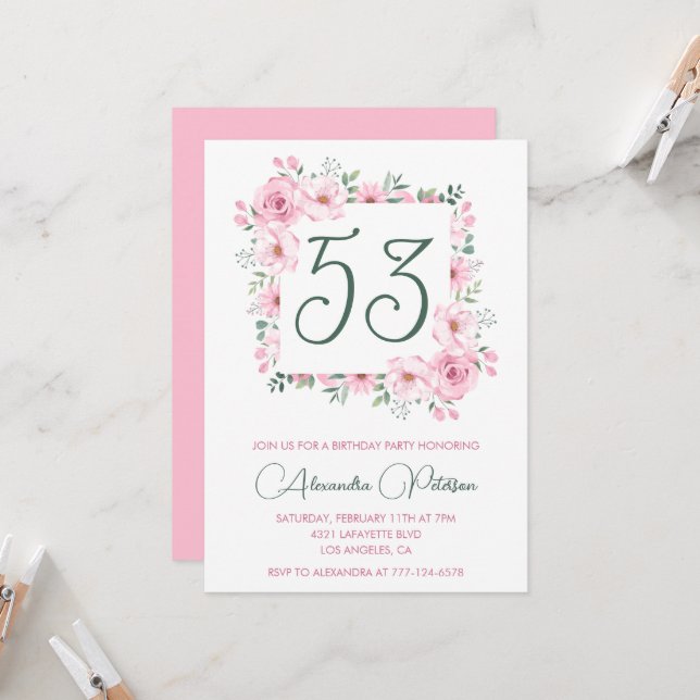 Invitation Elégante aquarelle rose florale 53e anniversaire (Devant/Arrière en situation)