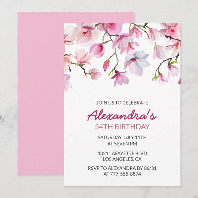 Invitation Elégante aquarelle rose florale 54e anniversaire (Devant / Derrière)