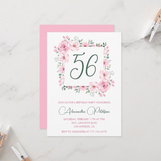 Invitation Elégante aquarelle rose florale 56e anniversaire (Devant/Arrière en situation)