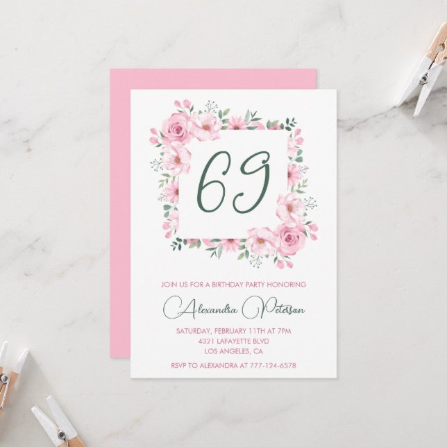 Invitation Elégante aquarelle rose florale 69e anniversaire (Devant/Arrière en situation)
