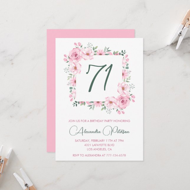 Invitation Elégante aquarelle rose florale 71e anniversaire (Devant/Arrière en situation)