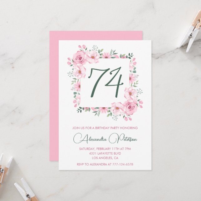 Invitation Elégante aquarelle rose florale 74e anniversaire (Devant/Arrière en situation)