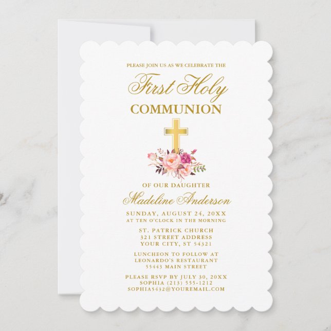 Invitation Elégante aquarelle rose florale première communion (Devant)
