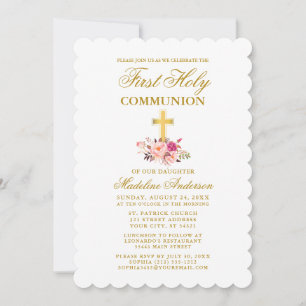 Invitation Elégante aquarelle rose florale première communion
