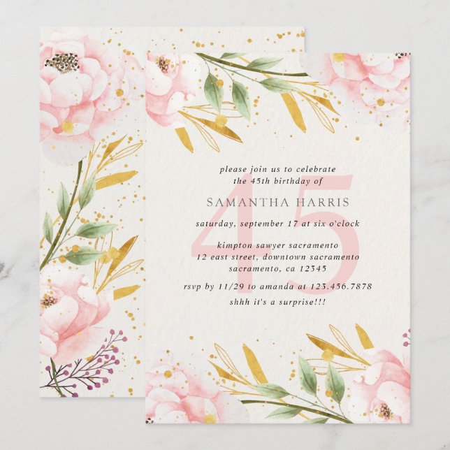 Invitation Elégante aquarelle rose & or 45e fête d'anniversai (Devant / Derrière)