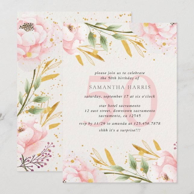 Invitation Elégante aquarelle rose & or 50e anniversaire fête (Devant / Derrière)