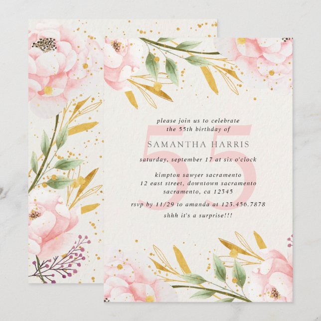 Invitation Elégante aquarelle rose & or 55e anniversaire fête (Devant / Derrière)