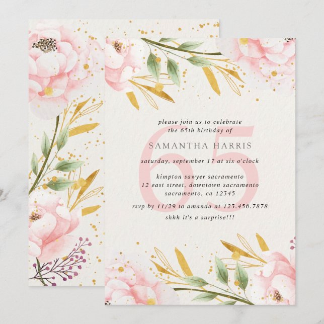 Invitation Elégante aquarelle rose & or 65e fête d'anniversai (Devant / Derrière)