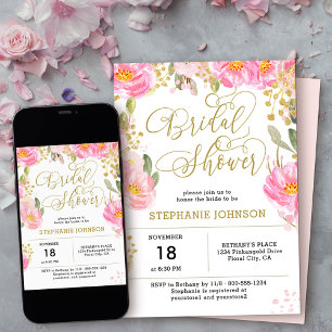 Invitation Elégante Aquarelle rose or Fête des mariées floral
