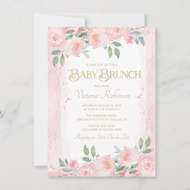 Invitation Elégante Aquarelle rose or Floral Baby Brunch (Devant)